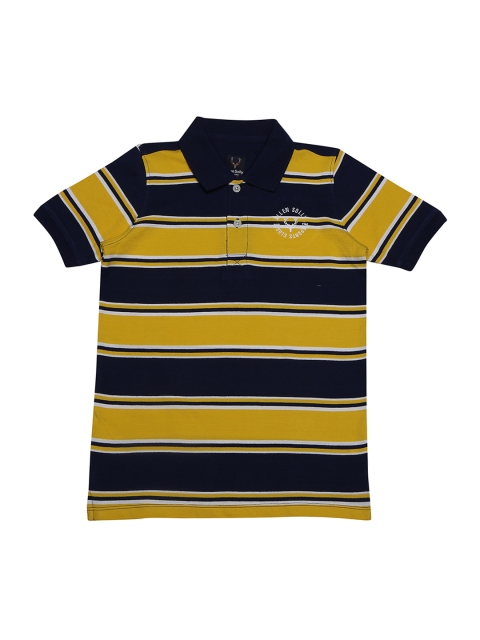 

Allen Solly Junior Boys Navy Blue & Mustard Yellow Striped Polo Collar T-shirt