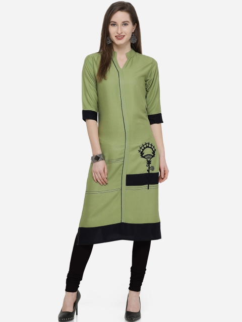 

Kvsfab Women Green & Navy Blue Printed Straight Kurta