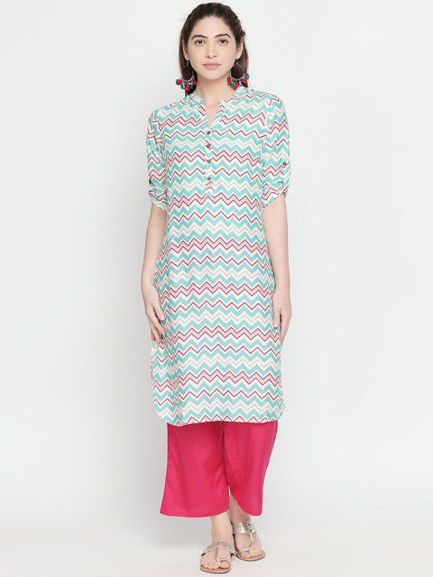 

RANGMANCH BY PANTALOONS Women Turquoise Blue & White Printed Straight Kurta
