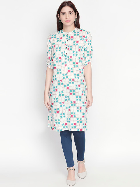 

RANGMANCH BY PANTALOONS Women Off-White & Blue Printed Straight Kurta