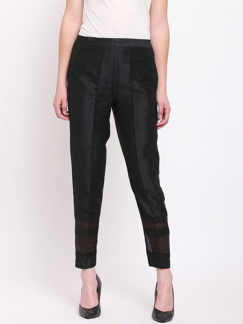 

RIVI Women Black Regular Fit Solid Silk Cigarette Trousers