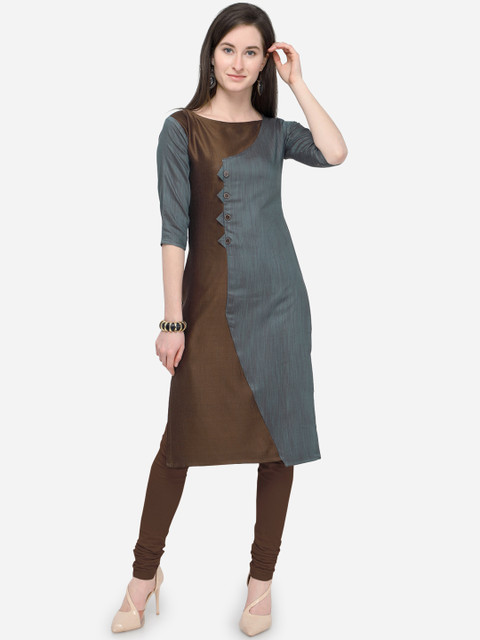 

Kvsfab Women Grey & Brown Colourblocked Straight Kurta
