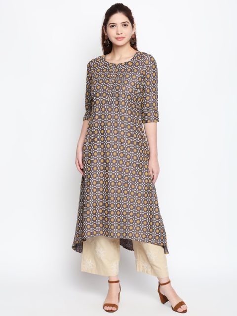 

RANGMANCH BY PANTALOONS Women Grey & Mustard Printed A-Line Kurta