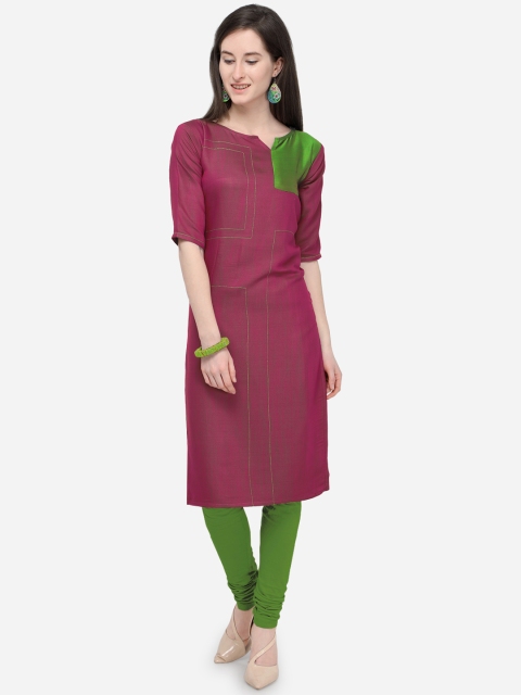 

Kvsfab Women Pink & Green Colourblocked Straight Kurta
