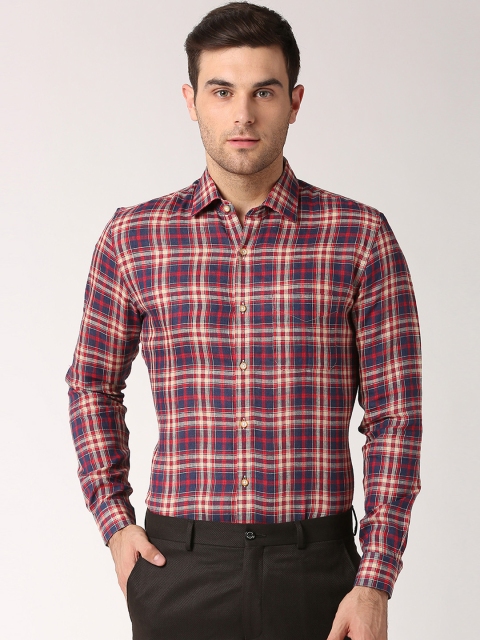 

Peter England Elite Men Navy Blue & Red Slim Fit Checked Linen Formal Shirt
