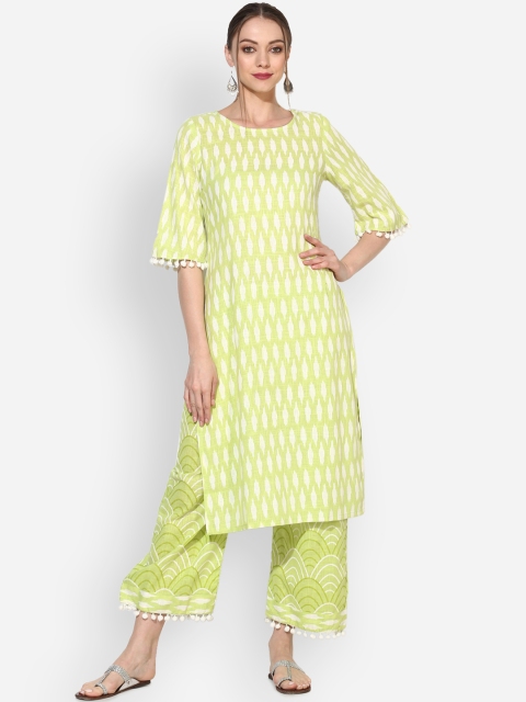 

Myshka Women Green & White Printed Kurta with Trousers