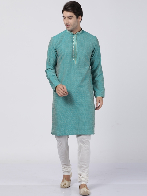 

VASTRAMAY Men Sea Green & White Self Design Kurta with Churidar
