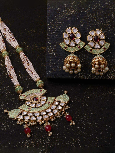 

Voylla Women Brass-Plated White & Green Enamelled Kundan Embellished Jewellery Set, Gold