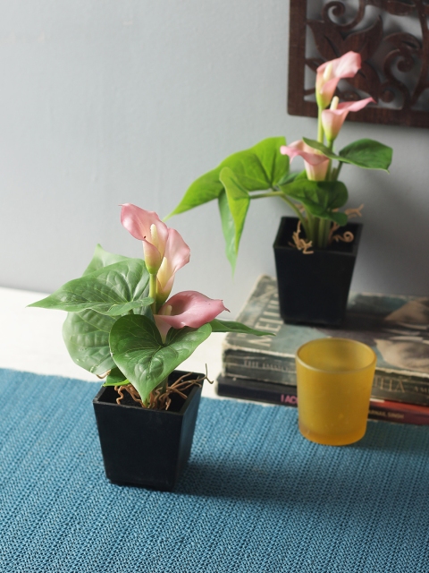 

Fourwalls Set of 2 Pink & Green Artificial Calla Lily Flower Plants with Melamine Pots