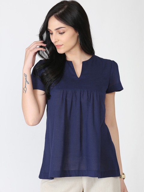 

Abhishti Women Navy Blue Solid A-Line Pure Cotton Top