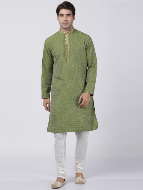 

VASTRAMAY Men Green & White Self Design Kurta with Churidar