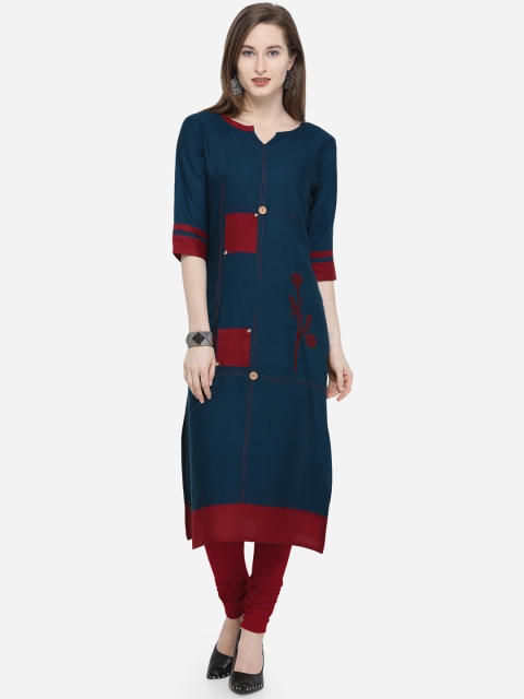 

Kvsfab Women Blue & Maroon Colourblocked Straight Kurta