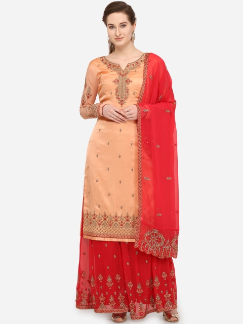 

Stylee LIFESTYLE Peach-Coloured & Orange Satin Semi-Stitched Dress Material