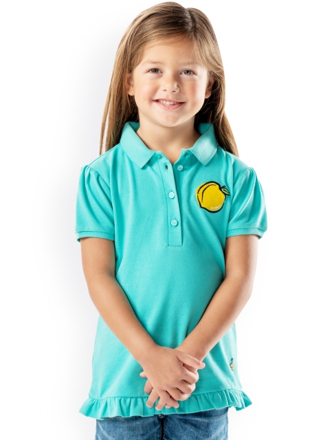 

Cherry Crumble Girls Sea Green Solid Polo Collar T-shirt