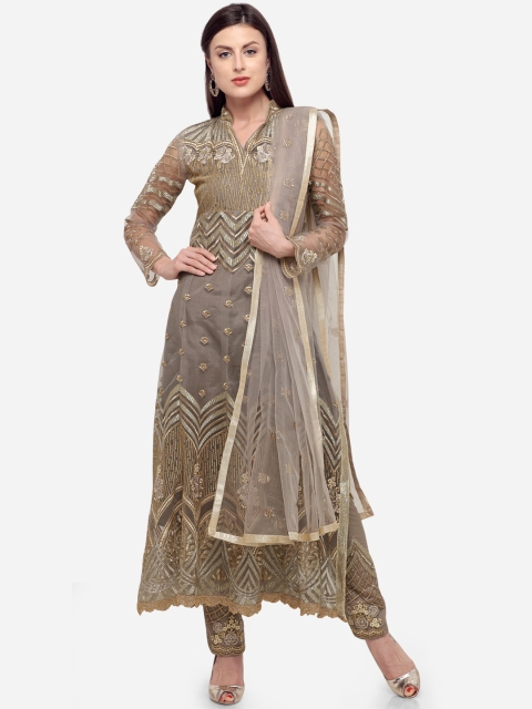 

Stylee LIFESTYLE Grey & Gold-Toned Net Semi-Stitched Dress Material