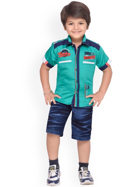

Kidling Boys Sea Green & Blue Printed Shirt with Shorts