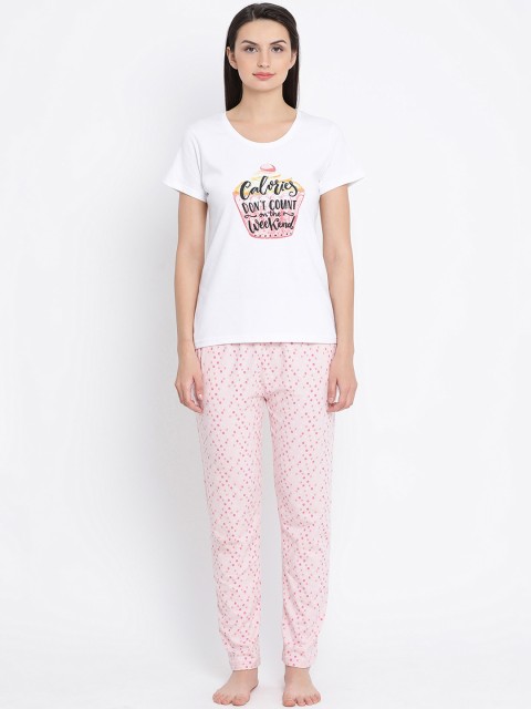 

Clovia Women White & Pink Printed Night suit LS0413A22XL