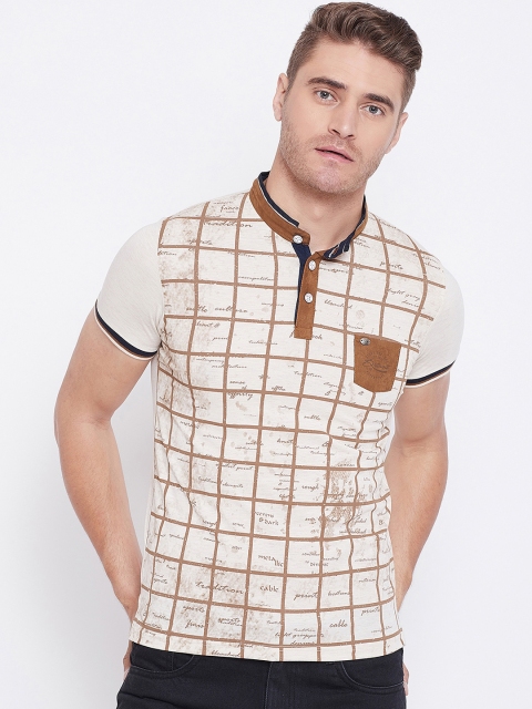 Duke Men Beige Checked Mandarin Collar T-shirt