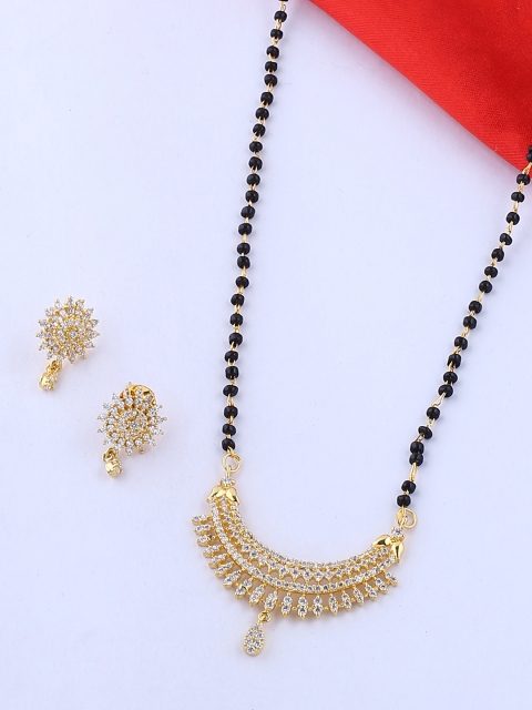 

Voylla Women Gold-Plated & Black CZ-Studded Beaded Mangalsutra With Earings