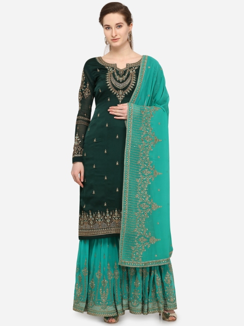 

Stylee LIFESTYLE Olive Green & Blue Satin Semi-Stitched Dress Material