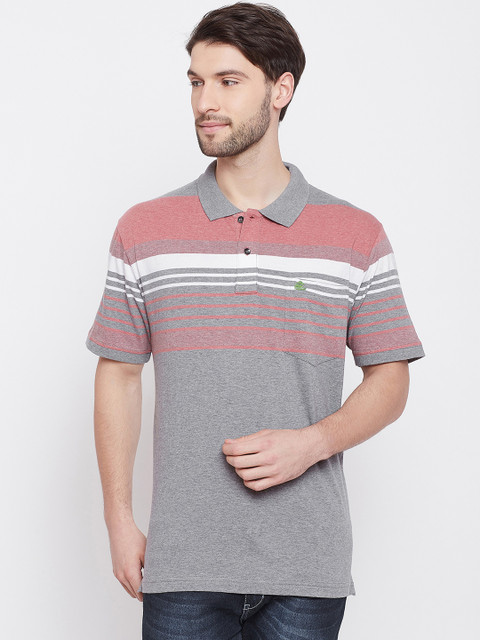 

Duke Men Grey Striped Polo Collar T-shirt