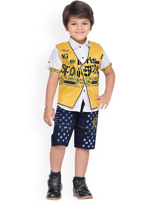 

Kidling Boys Yellow & Blue Printed Shirt with Shorts & Waistcoat
