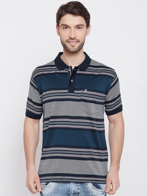 

Duke Men Blue & White Striped Polo Collar T-shirt