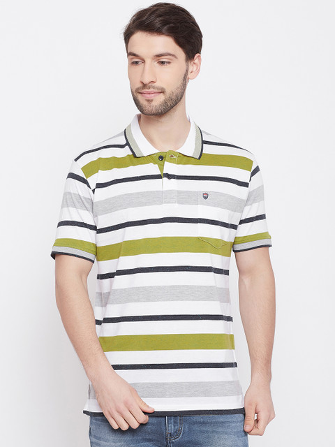 

Duke Men Green Striped Polo Collar T-shirt