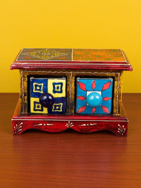 

Golden Peacock Multicoloured Wood & Ceramic 2 Drawer Trinklet Box, Multi