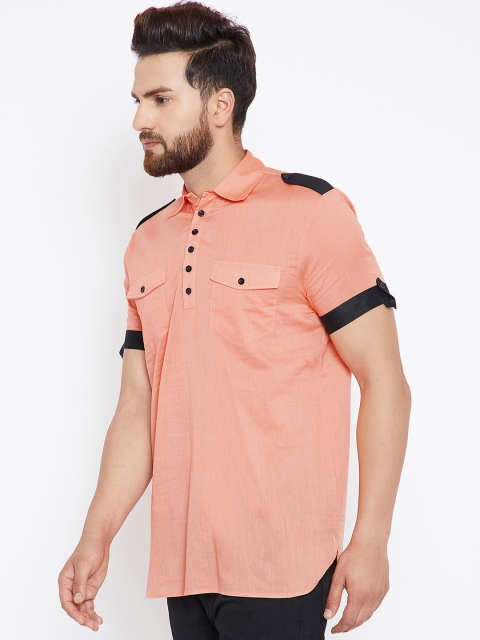 

Qsymia Men Coral Pink & Black Solid Straight Kurta