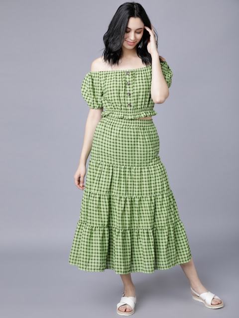 

Tokyo Talkies Women Green Checked Top with Skirt