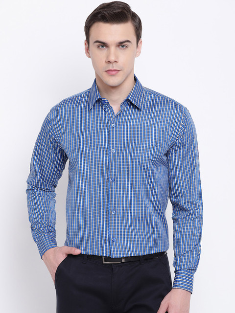 

English Navy Men Blue Slim Fit Checked Formal Shirt