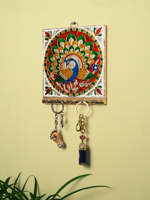 

Golden Peacock Multicoloured Wooden Key Holder Showpiece, Multi