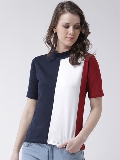 

The Dry State Women Navy Blue & White Colourblocked Slim Fit Round Neck T-shirt