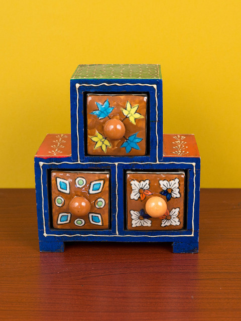 

Golden Peacock Multicoloured Wood & Ceramic 3 Drawer Trinklet Box, Multi