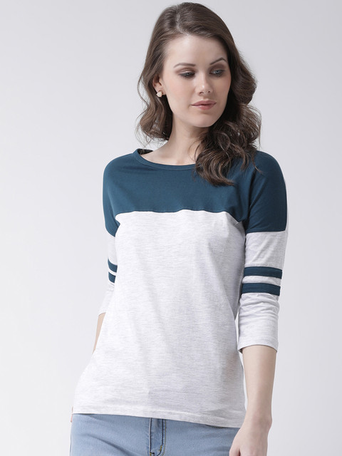 

The Dry State Women Blue & White Colourblocked Slim Fit Round Neck T-shirt
