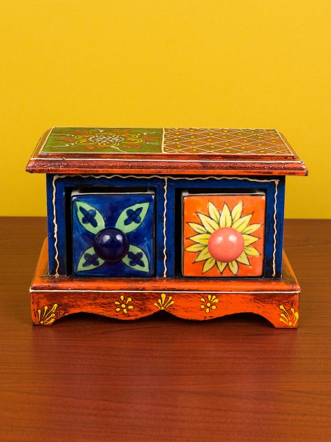 

Golden Peacock Multicoloured Wood & Ceramic 2 Drawer Trinklet Box, Multi