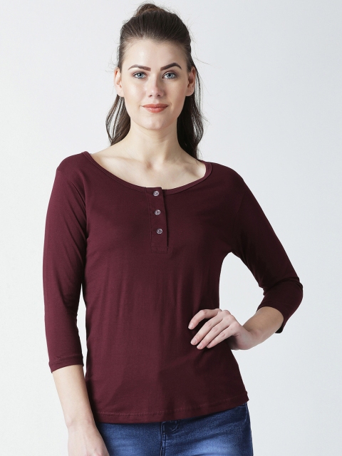 

The Dry State Women Maroon Solid Slim Fit Henley Neck T-shirt