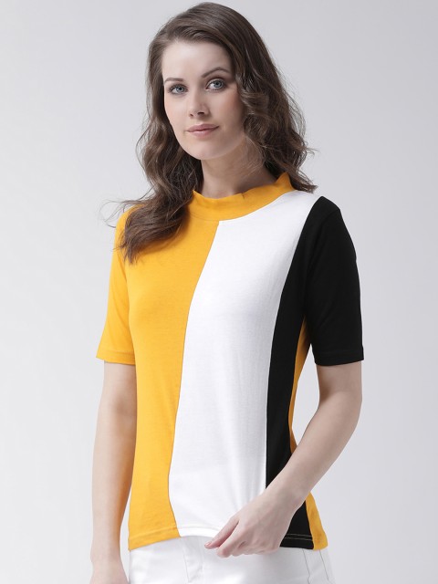 

The Dry State Women White & Yellow Colourblocked Slim Fit Round Neck T-shirt