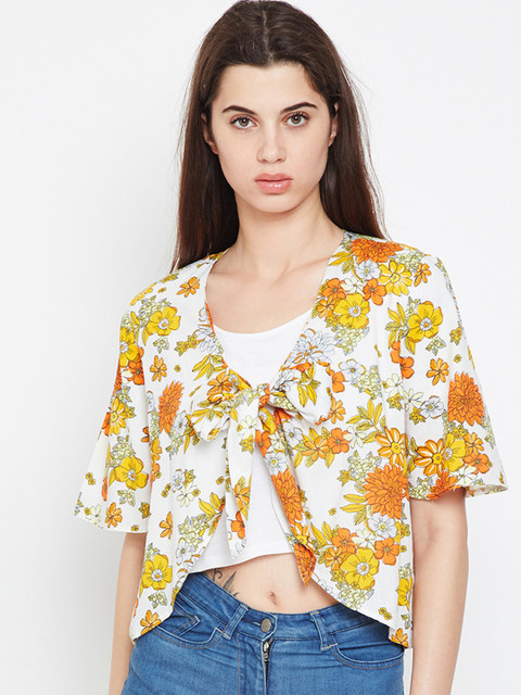 

Oxolloxo Off-White & Yellow Floral Printed Tie-Up Shrug