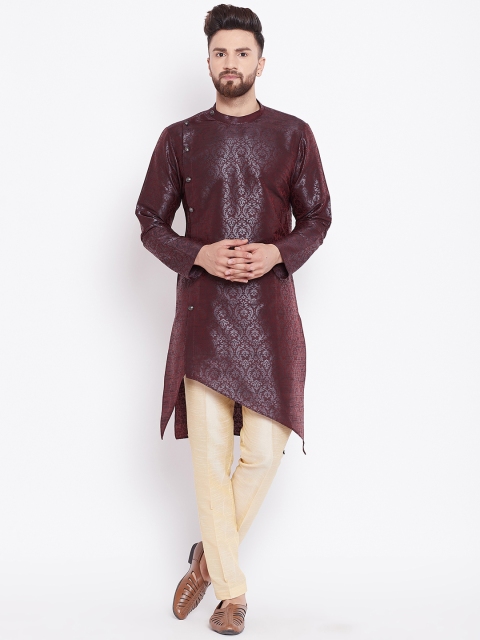 See Designs Men Burgundy & Cream-Coloured Printed Silk Kurta with Pyjamas