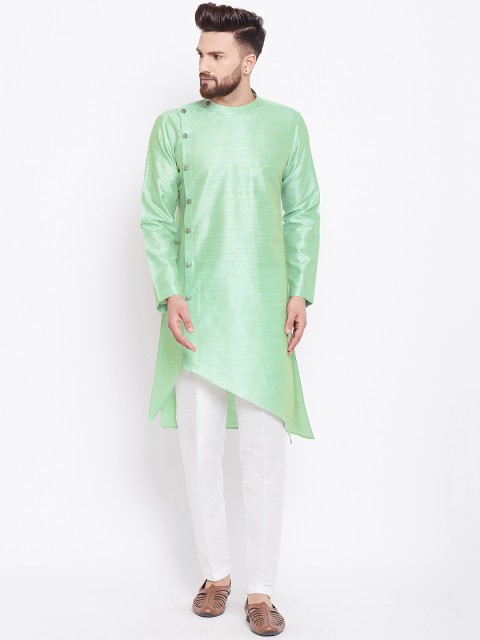 

See Designs Men Lime Green & White Printed Silk Kurta with Pyjamas