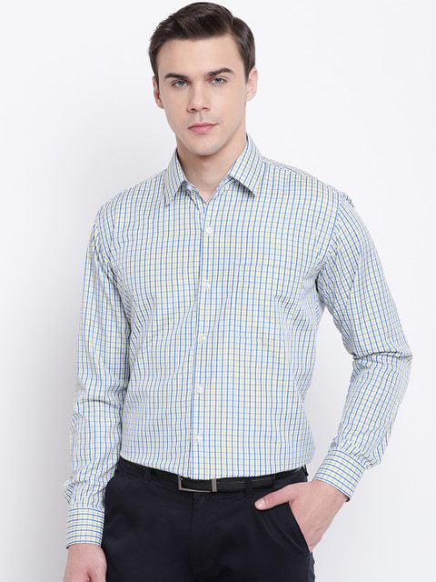 

English Navy Men White & Green Slim Fit Checked Formal Shirt