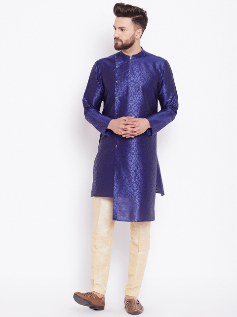 

See Designs Men Blue Woven Design Straight Asymmetric Kurta