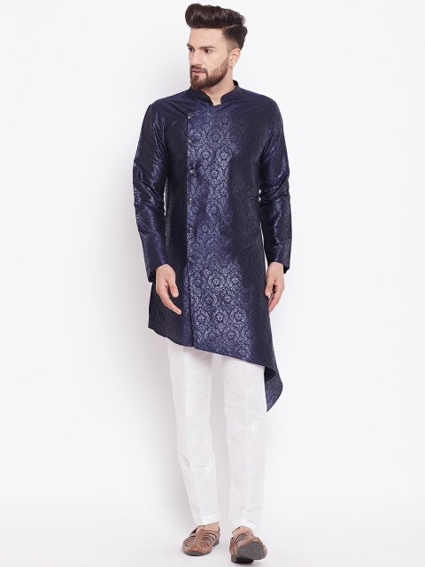 

See Designs Men Navy Blue & White Printed Silk Kurta with Trousers