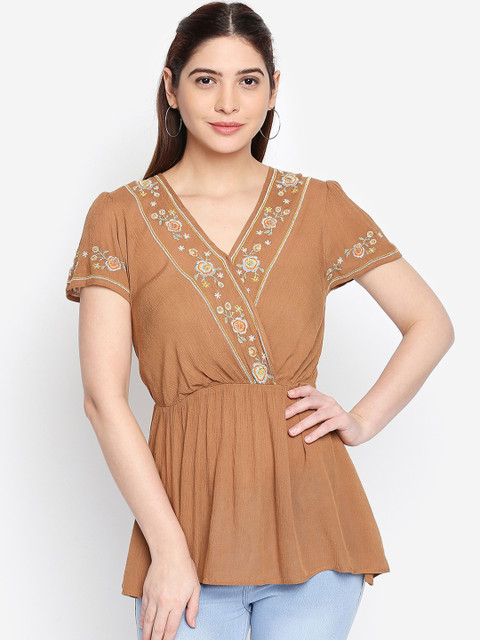 

Oxolloxo Women Brown Self Design Wrap Top