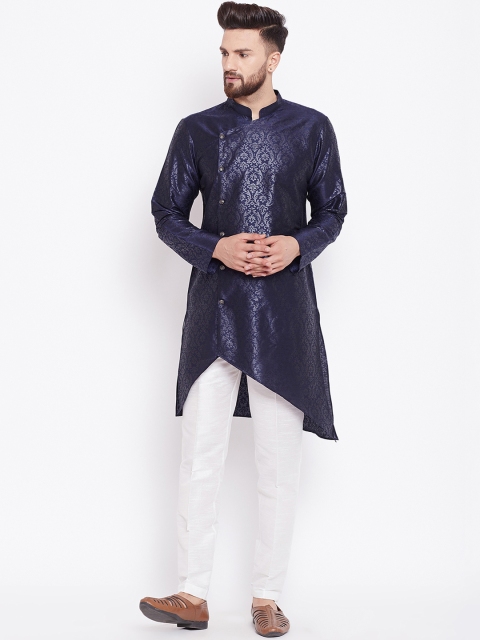

See Designs Men Navy Blue & White Printed Silk Kurta with Pyjamas