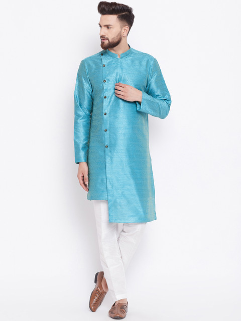 

See Designs Men Turquoise Blue Woven Design Straight Kurta