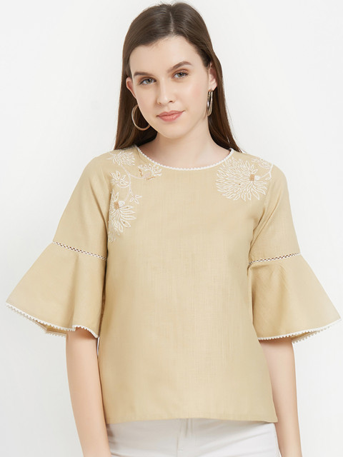 

Soie Women Beige Solid A-Line Pure Cotton Top