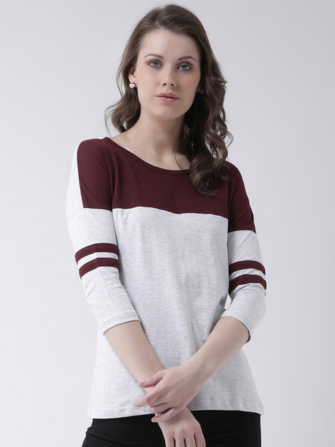 

The Dry State Women Maroon & White Colourblocked Slim Fit Round Neck T-shirt